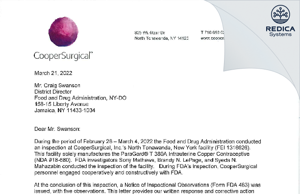 FDA 483 Response - CooperSurgical, Inc. [York / United States of America] - Download PDF - Redica Systems