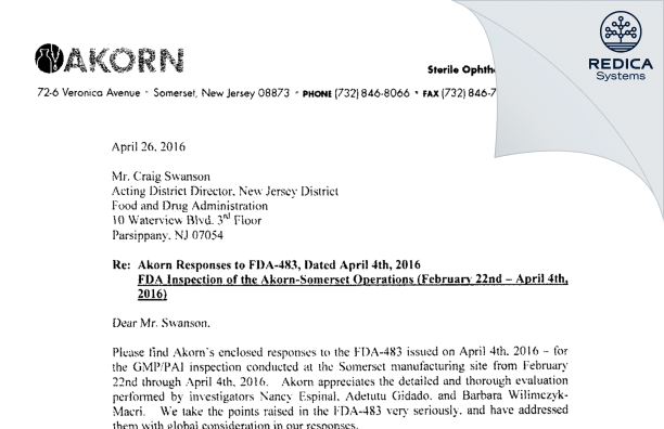 FDA 483 Response - Akorn Operating Company LLC (dba Akorn) [Jersey / United States of America] - Download PDF - Redica Systems