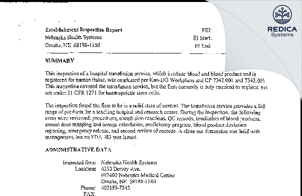 EIR - The Nebraska Medical Center [Omaha / United States of America] - Download PDF - Redica Systems