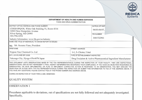 FDA 483 - NIPPON FINE CHEMICAL CO.,LTD [Hyogo / Japan] - Download PDF - Redica Systems