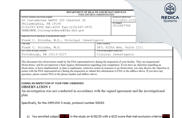 FDA 483 - Frank C. Sciurba, M.D. [Pittsburgh / United States of America] - Download PDF - Redica Systems