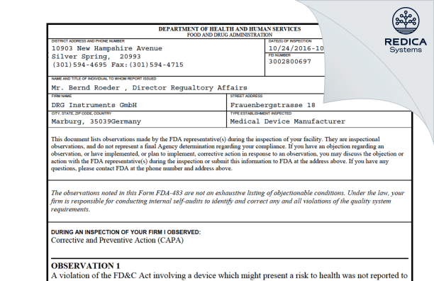 FDA 483 - DRG Instruments GmbH [Marburg / Germany] - Download PDF - Redica Systems