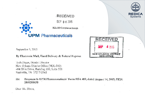 FDA 483 Response - Gregory Pharmaceutical Holdings, Inc., dba UPM Pharmaceuticals [Bristol / United States of America] - Download PDF - Redica Systems