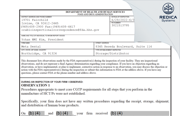 FDA 483 - Meta Dental [Northridge / United States of America] - Download PDF - Redica Systems
