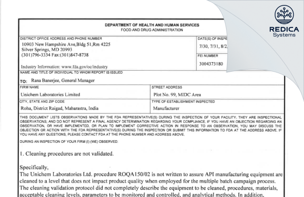 FDA 483 - Unichem Laboratories Limited [India / India] - Download PDF - Redica Systems