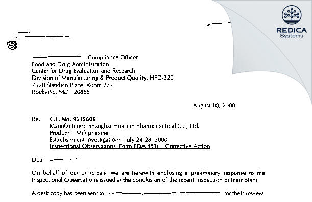 FDA 483 Response - Shanghai Hualian Pharmaceutical Co., Ltd. [Shanghai / China] - Download PDF - Redica Systems