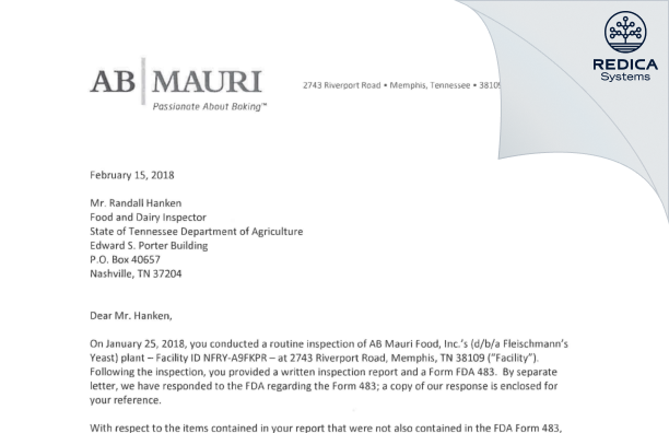 FDA 483 Response - AB Mauri Foods, Inc [Memphis / United States of America] - Download PDF - Redica Systems