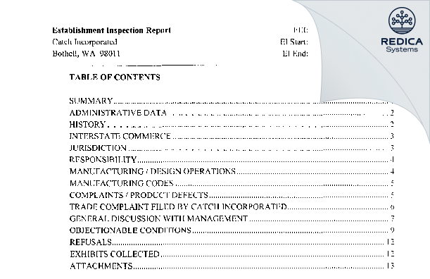 EIR - Catch Incorporated [Bothell / United States of America] - Download PDF - Redica Systems