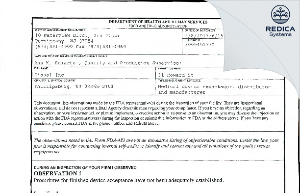 FDA 483 - Diasol Inc [Phillipsburg / United States of America] - Download PDF - Redica Systems