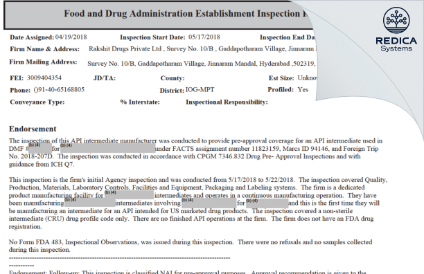 EIR - Rakshit Drugs Private Ltd [Hyderabad / India] - Download PDF - Redica Systems