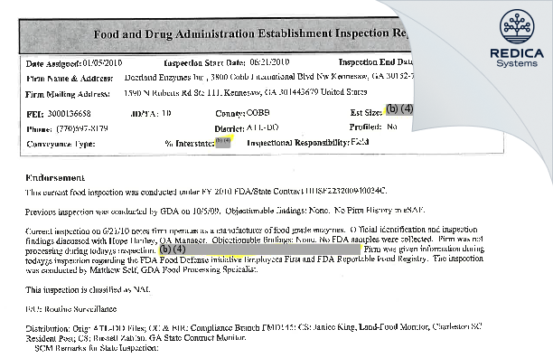 EIR - Deerland Enzymes Inc. [Kennesaw / United States of America] - Download PDF - Redica Systems