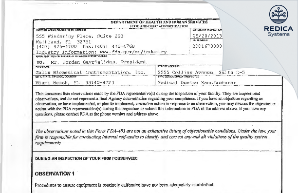 FDA 483 - Galix Biomedical Instrumentation, Inc. [Miami Beach / United States of America] - Download PDF - Redica Systems