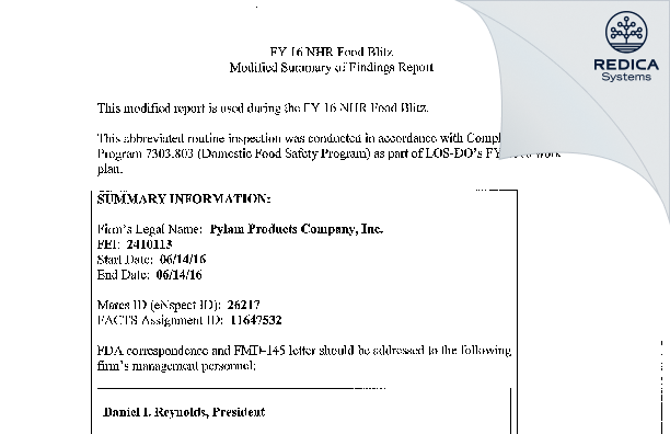 EIR - Pylam Products Company, Inc. [Tempe / United States of America] - Download PDF - Redica Systems
