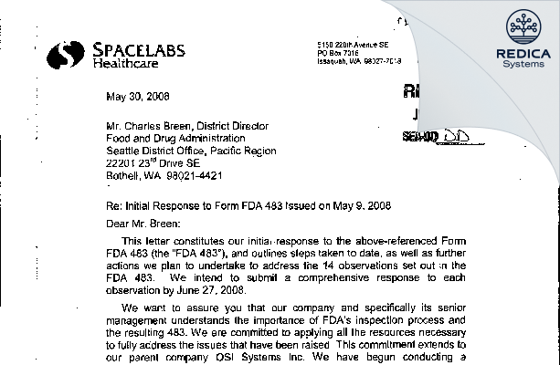 FDA 483 Response - Spacelabs Healthcare Inc [Snoqualmie / United States of America] - Download PDF - Redica Systems