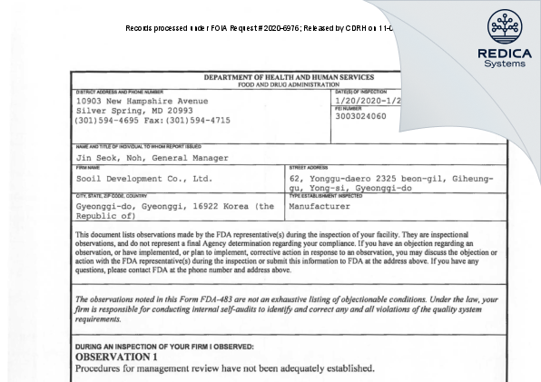 FDA 483 - Sooil Development Co., Ltd. [- / -] - Download PDF - Redica Systems