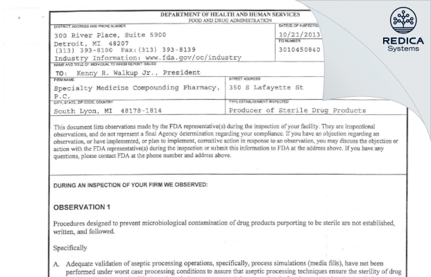 FDA 483 - Specialty Medicine Compounding Pharmacy, P.C. [South Lyon / United States of America] - Download PDF - Redica Systems