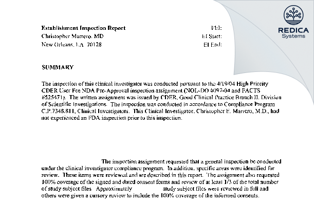 EIR - Christopher Marrero, MD [New Orleans / United States of America] - Download PDF - Redica Systems