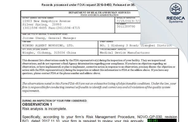 FDA 483 - NINGBO ALBERT NOVOSINO, LTD. [Ningbo / China] - Download PDF - Redica Systems
