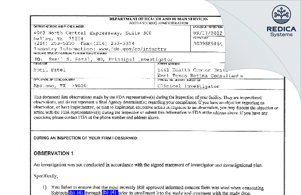 FDA 483 - Sunil Patel [Abilene / United States of America] - Download PDF - Redica Systems