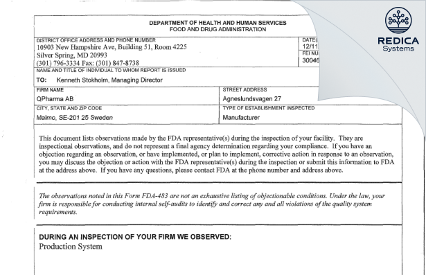 FDA 483 - QPharma AB [Malmo S-21215 / Sweden] - Download PDF - Redica Systems