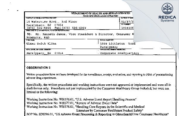 FDA 483 - Glaxo Smith Kline [Parsippany / United States of America] - Download PDF - Redica Systems