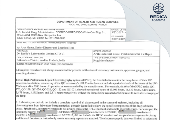 FDA 483 - DR. REDDY'S LABORATORIES LIMITED [India / India] - Download PDF - Redica Systems