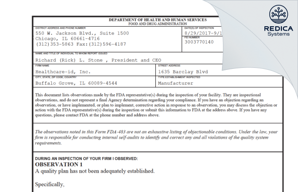 FDA 483 - Healthcare-id, Inc. [Buffalo Grove / United States of America] - Download PDF - Redica Systems