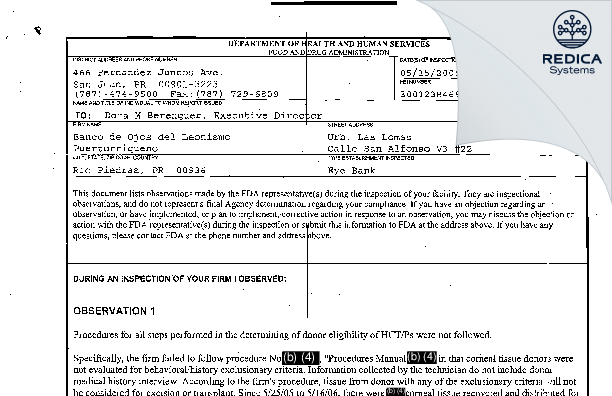 FDA 483 - Banco de Ojos del Leonismo Puertorrique?o, Inc. [San Juan / United States of America] - Download PDF - Redica Systems