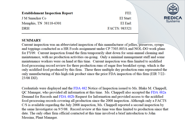 EIR - J M Smucker Co [Memphis / United States of America] - Download PDF - Redica Systems