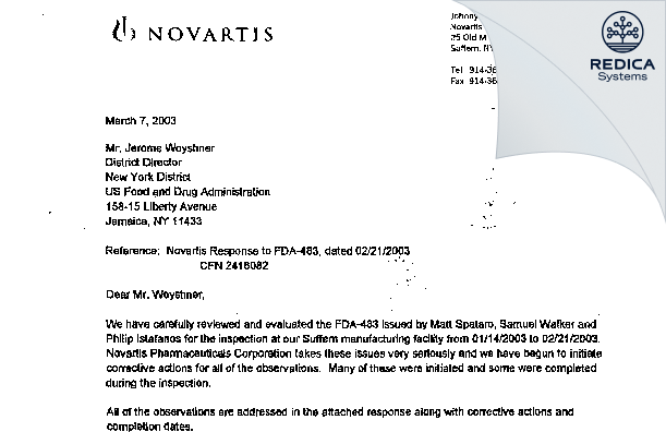 FDA 483 Response - Novartis Pharmaceuticals Corp. [Suffern / United States of America] - Download PDF - Redica Systems