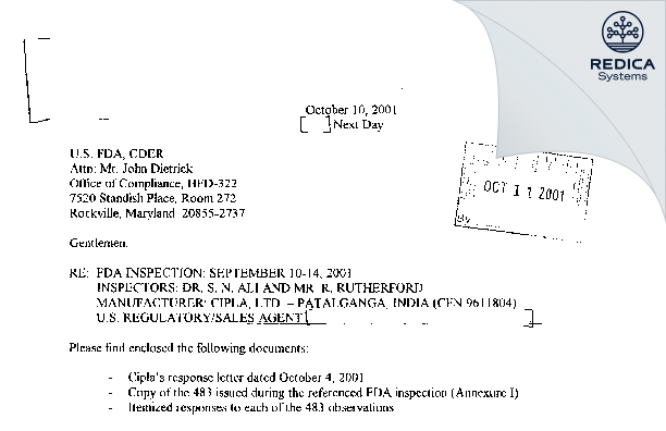 FDA 483 Response - CIPLA LIMITED [- / -] - Download PDF - Redica Systems