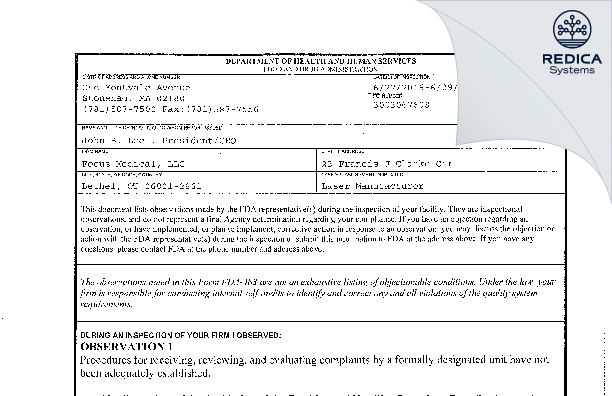 FDA 483 - Focus Medical, LLC [Bethel / United States of America] - Download PDF - Redica Systems