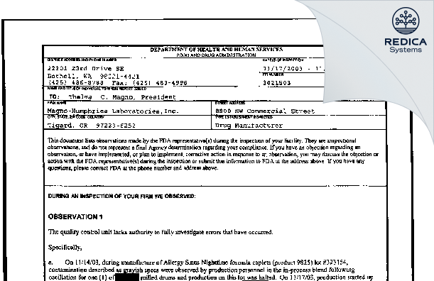 FDA 483 - Magno-Humphries, Inc. [Tigard / United States of America] - Download PDF - Redica Systems