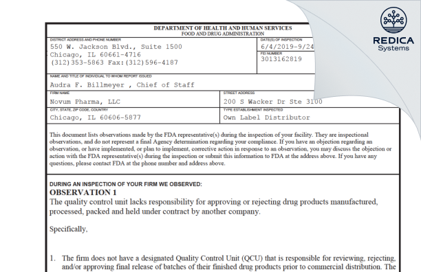 FDA 483 - Novum Pharma, LLC [Chicago / United States of America] - Download PDF - Redica Systems