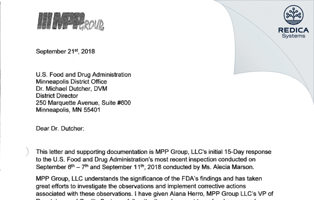 FDA 483 Response - MPP Group, LLC [Mequon / United States of America] - Download PDF - Redica Systems
