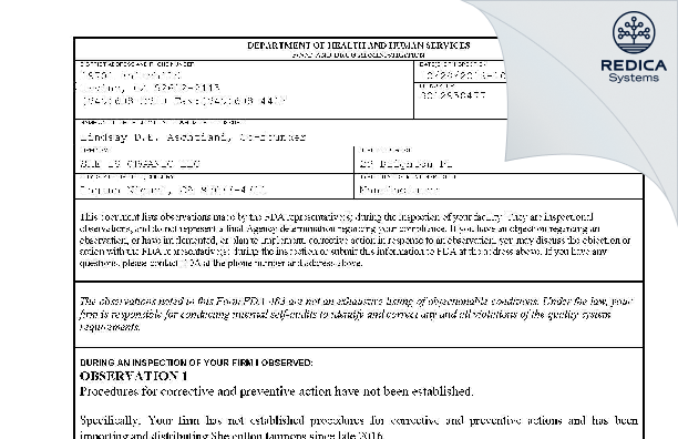 FDA 483 - SHE IS ORGANIC LLC [Laguna Niguel / United States of America] - Download PDF - Redica Systems