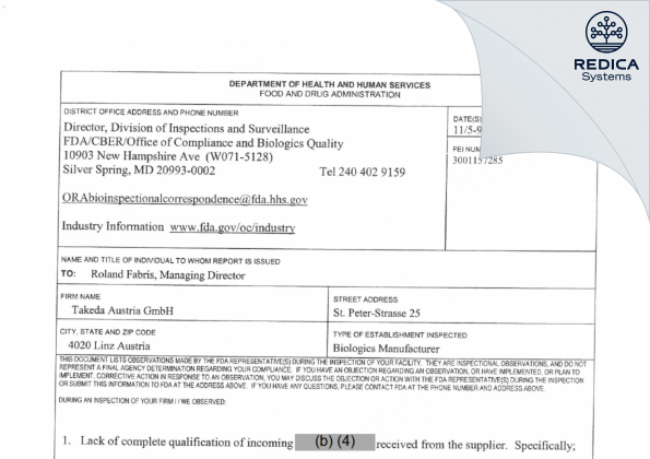 FDA 483 - Takeda Austria GmbH [Linz / Austria] - Download PDF - Redica Systems