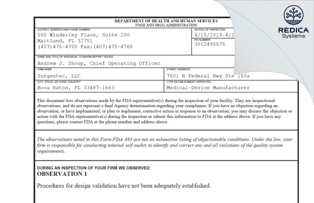 FDA 483 - SurGenTec, LLC [Boca Raton / United States of America] - Download PDF - Redica Systems