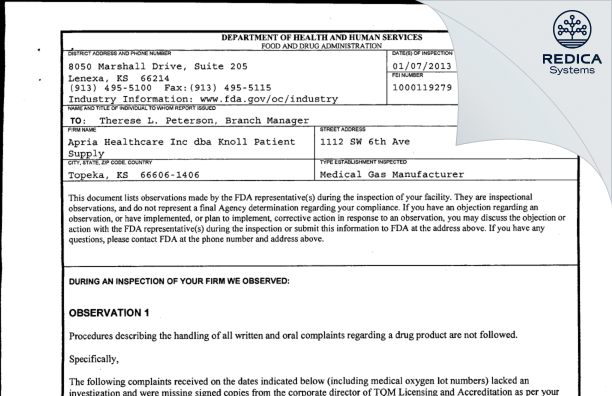 FDA 483 - Apria Healthcare Inc dba Knoll Patient Supply [Topeka / United States of America] - Download PDF - Redica Systems