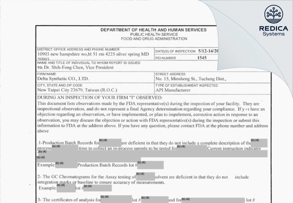 FDA 483 - Delta Synthetic Co. Ltd. [New Taipei City / Taiwan] - Download PDF - Redica Systems