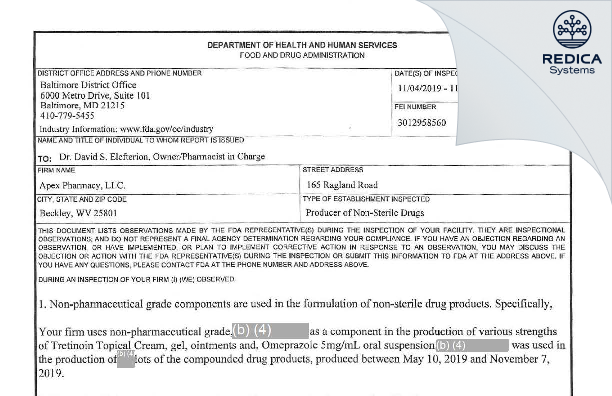 FDA 483 - Apex Pharmacy, LLC [Beckley / United States of America] - Download PDF - Redica Systems