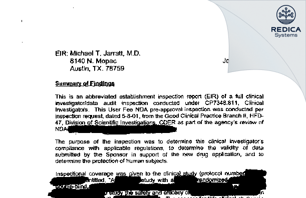 EIR - Michael T. Jarratt, MD [Austin / United States of America] - Download PDF - Redica Systems
