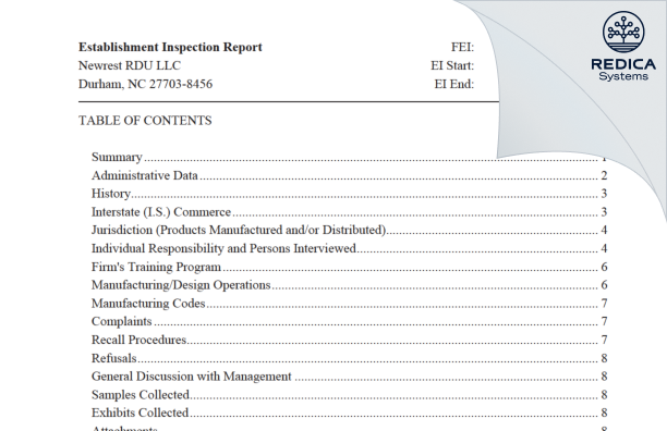 EIR - Newrest RDU LLC [Durham / United States of America] - Download PDF - Redica Systems