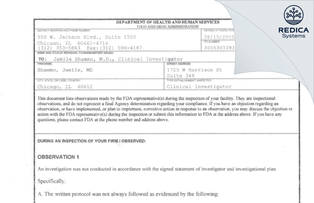 FDA 483 - Shammo, Jamile, MD [Chicago / United States of America] - Download PDF - Redica Systems
