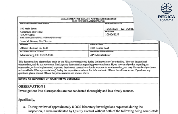 FDA 483 - Aldrich Chemical Company LLC [Miamisburg Ohio / United States of America] - Download PDF - Redica Systems