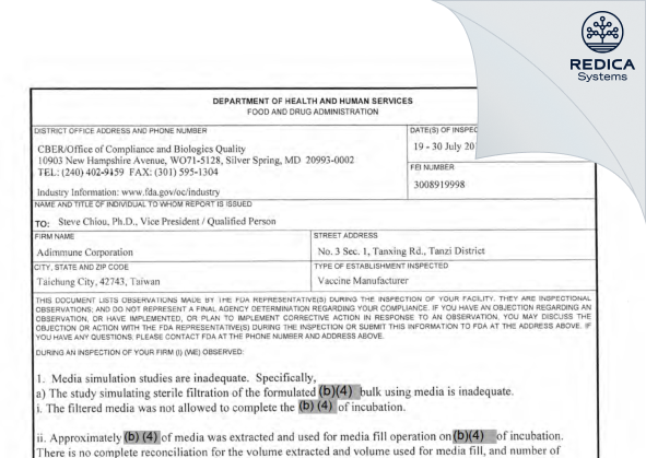 FDA 483 - ADIMMUNE CORPORATION [Taichung City / Taiwan] - Download PDF - Redica Systems
