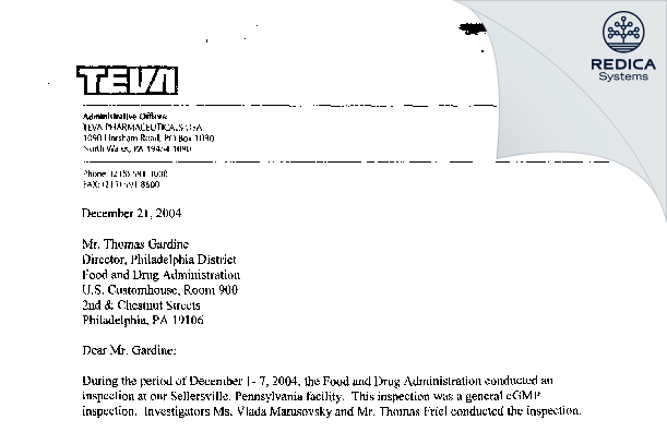 FDA 483 Response - PEL HEALTHCARE LLC [Sellersville Pennsylvania / United States of America] - Download PDF - Redica Systems