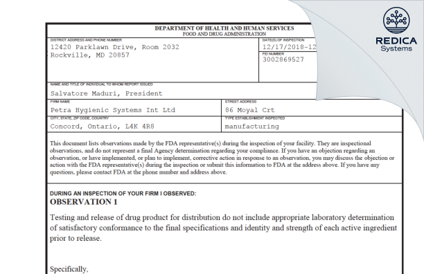 FDA 483 - Petra Hygienic Systems Int Ltd [Concord / Canada] - Download PDF - Redica Systems