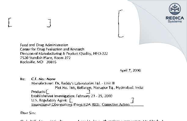 FDA 483 Response - DR. REDDY'S LABORATORIES LIMITED [Sangareddy / India] - Download PDF - Redica Systems