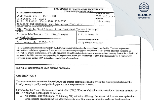 FDA 483 - Cangene BioPharma, LLC [Baltimore / United States of America] - Download PDF - Redica Systems